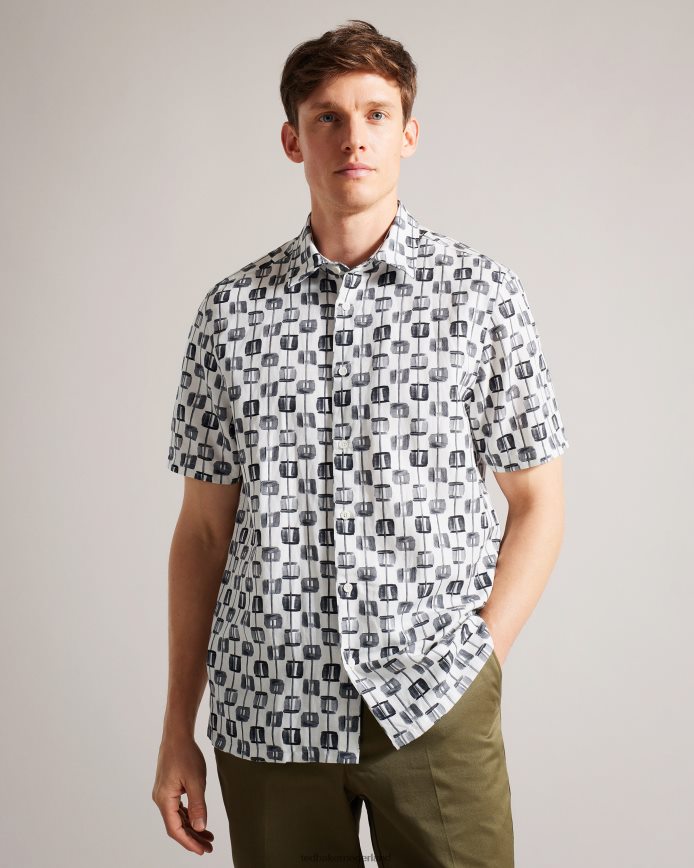 Ted Baker Erice schilderde een geometrisch overhemd met korte mouwen ecru kleding Heren 6R02N1605