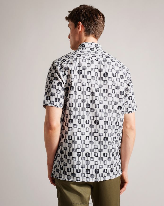 Ted Baker Erice schilderde een geometrisch overhemd met korte mouwen ecru kleding Heren 6R02N1605