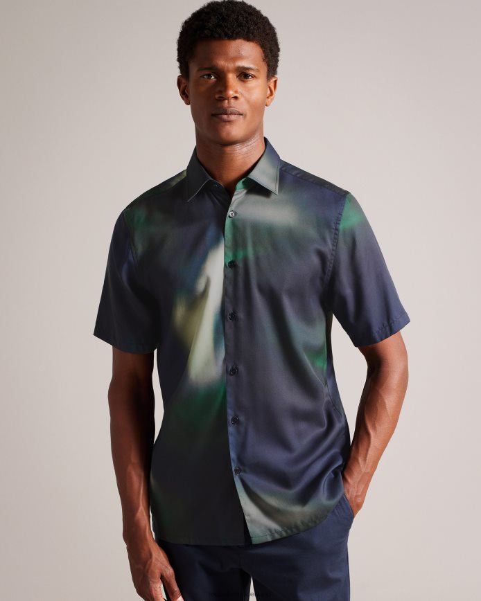 Ted Baker evesho lyocell overhemd met korte mouwen en abstracte print marine kleding Heren 6R02N1621