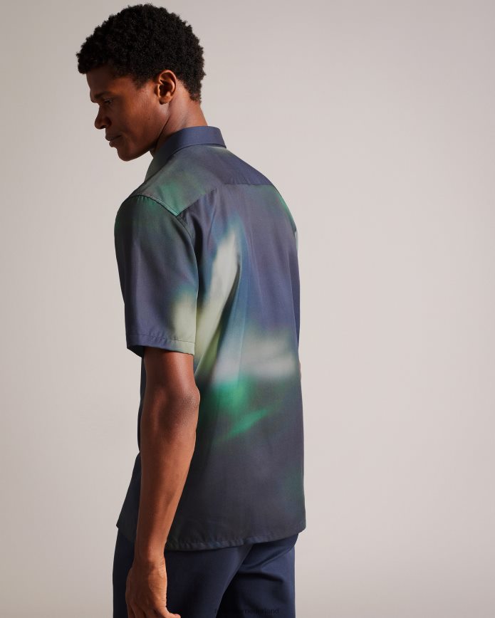 Ted Baker evesho lyocell overhemd met korte mouwen en abstracte print marine kleding Heren 6R02N1621