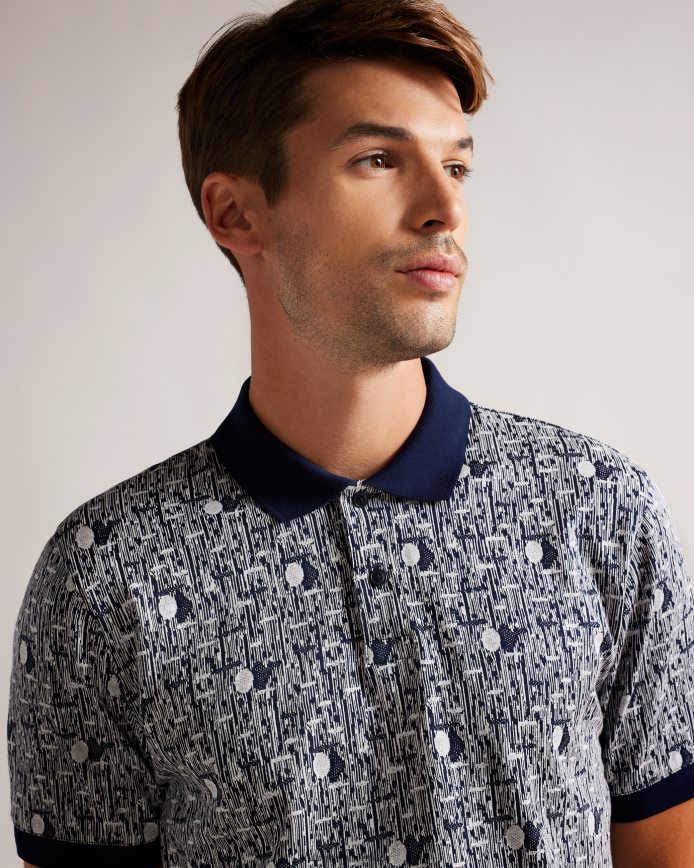 Ted Baker coreo geometrisch gebreid poloshirt marineblauw kleding Heren 6R02N1224