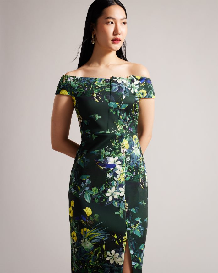 Ted Baker divena bodycon-jurk met geplooide bardot en bloemenprint donkergroen kleding vrouwen 6R02N215