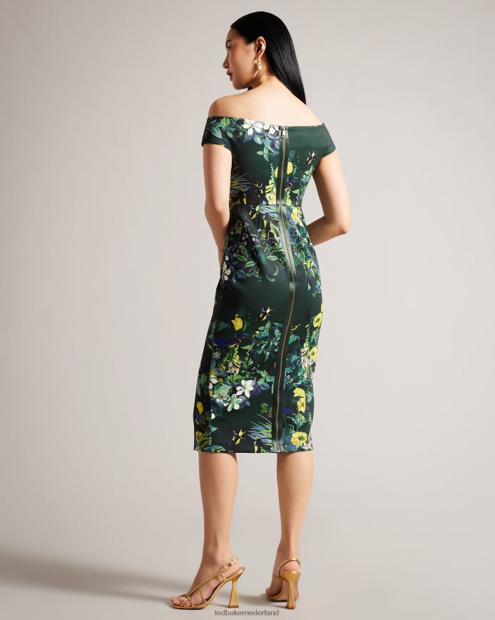 Ted Baker divena bodycon-jurk met geplooide bardot en bloemenprint donkergroen kleding vrouwen 6R02N215