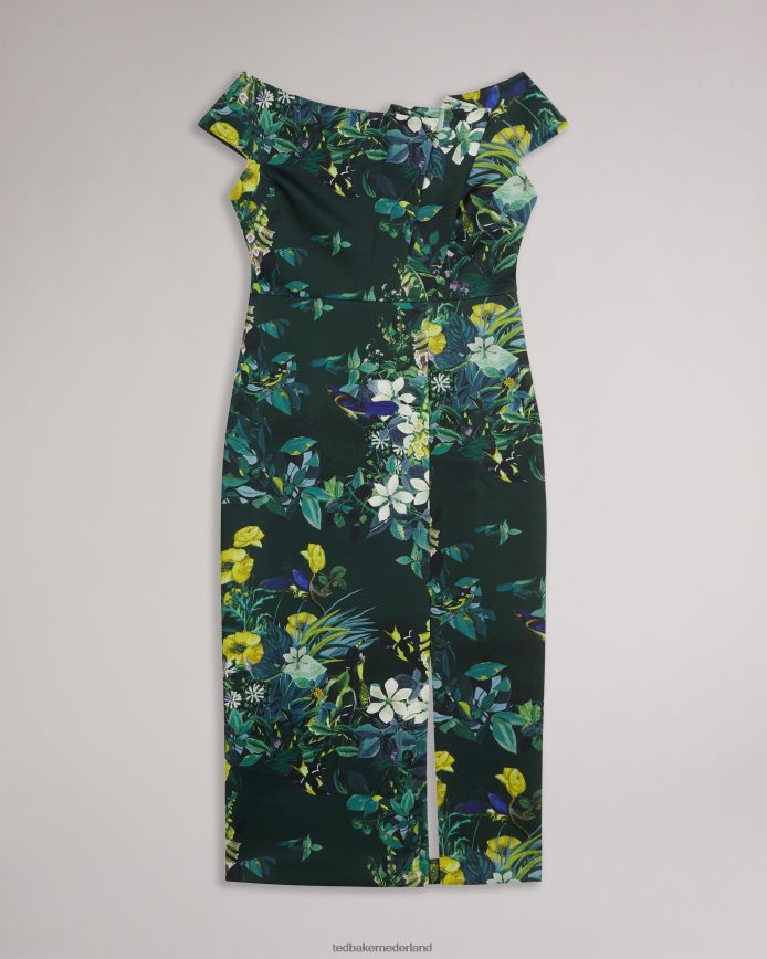 Ted Baker divena bodycon-jurk met geplooide bardot en bloemenprint donkergroen kleding vrouwen 6R02N215