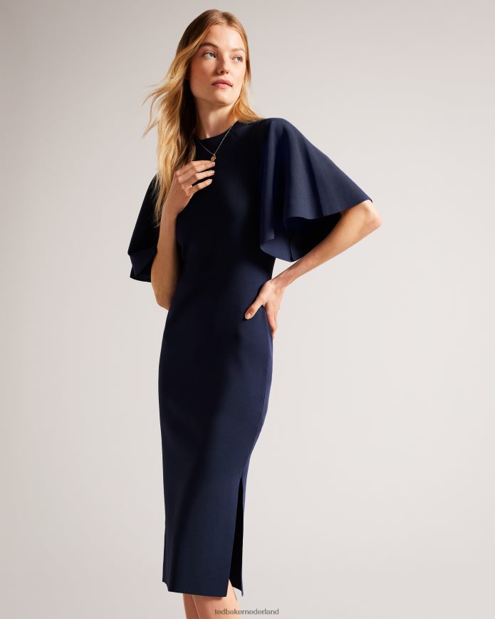 Ted Baker Lounia gebreide bodycon midi-jurk met uitlopende mouwen donkerblauw kleding vrouwen 6R02N187