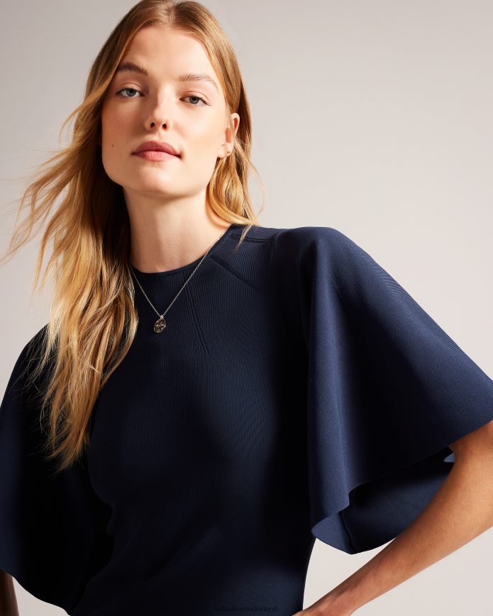 Ted Baker Lounia gebreide bodycon midi-jurk met uitlopende mouwen donkerblauw kleding vrouwen 6R02N187