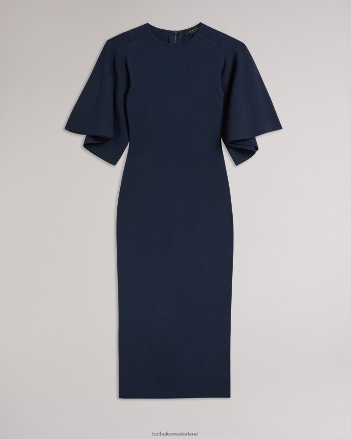 Ted Baker Lounia gebreide bodycon midi-jurk met uitlopende mouwen donkerblauw kleding vrouwen 6R02N187