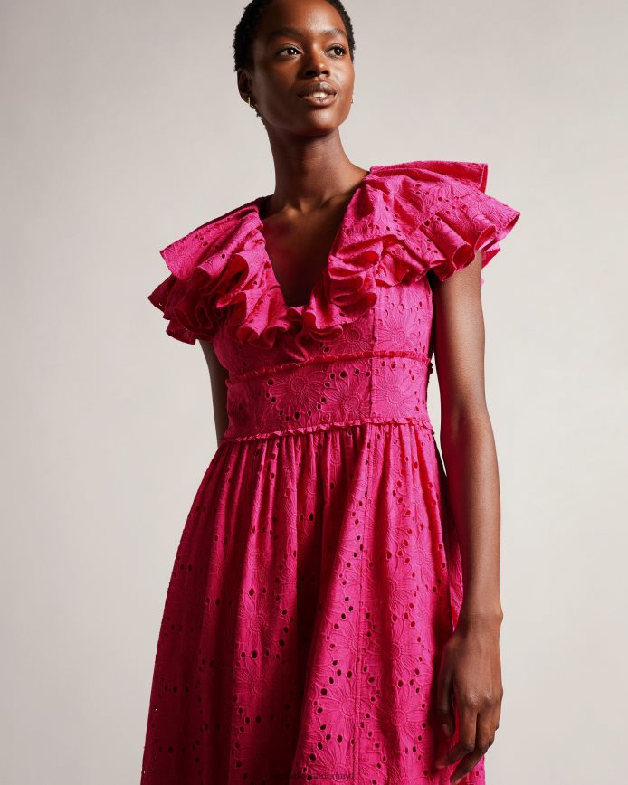 Ted Baker Mirza midi-zonnejurk met ruches en v-hals fel roze kleding vrouwen 6R02N245