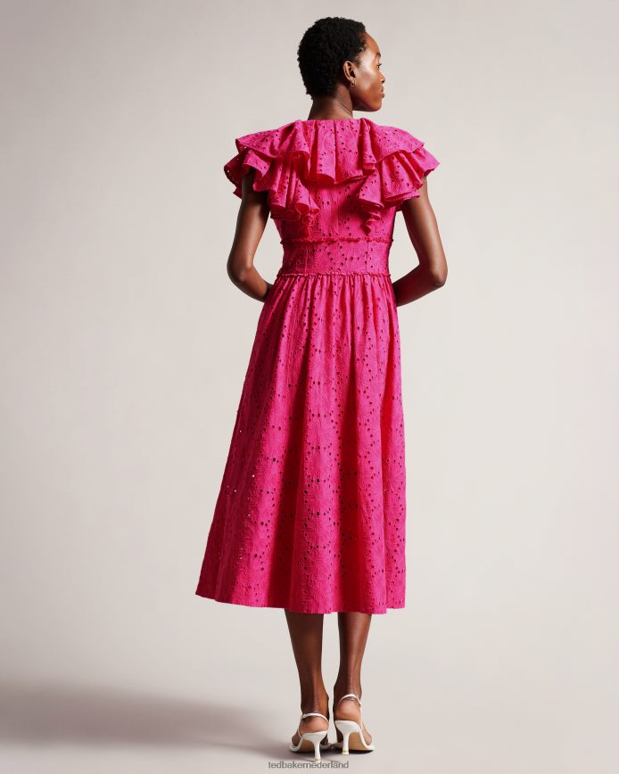 Ted Baker Mirza midi-zonnejurk met ruches en v-hals fel roze kleding vrouwen 6R02N245