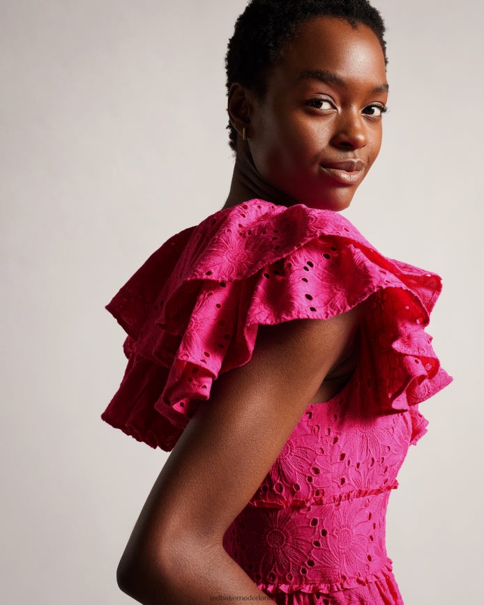 Ted Baker Mirza midi-zonnejurk met ruches en v-hals fel roze kleding vrouwen 6R02N245