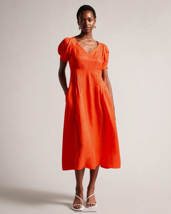 Ted Baker Opalz fit en flare midi-jurk met pofmouwen fel oranje kleding vrouwen 6R02N209