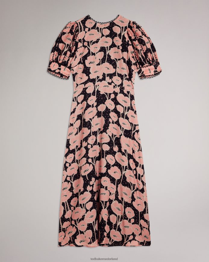 Ted Baker astrydd midi-jurk met pofmouwen zwart kleding vrouwen 6R02N165