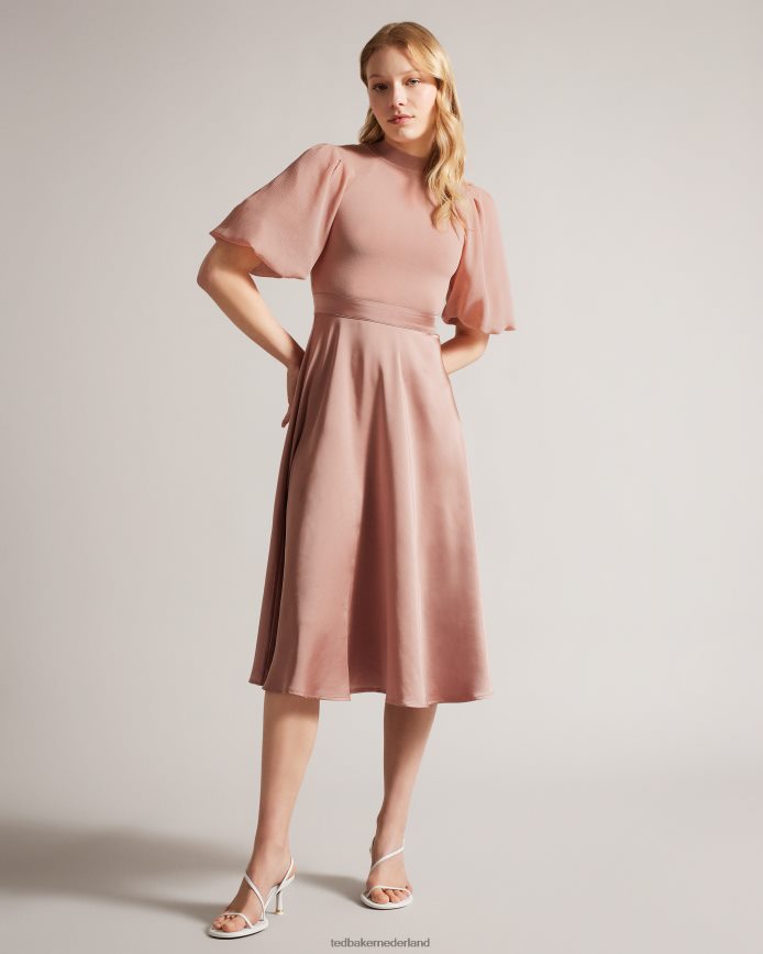 Ted Baker brontei midi-jurk met getailleerd lijfje en pofmouwen donker roze kleding vrouwen 6R02N18