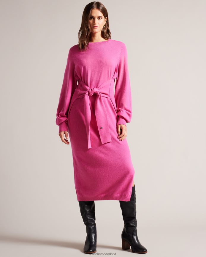 Ted Baker essya slouchy midi-gebreide jurk met gestrikte voorkant fel roze kleding vrouwen 6R02N102