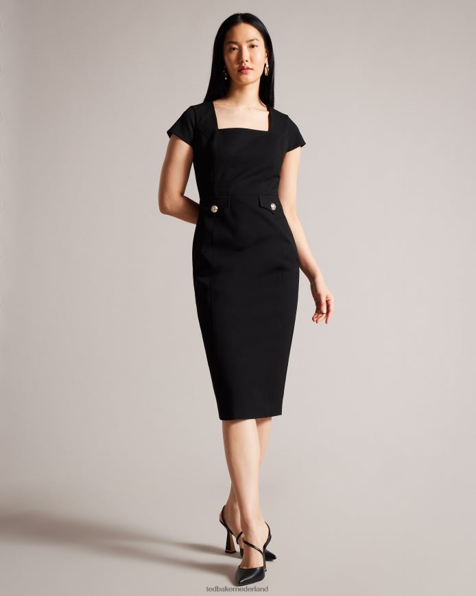Ted Baker josiaad militaire midi-jurk met vierkante hals zwart kleding vrouwen 6R02N162