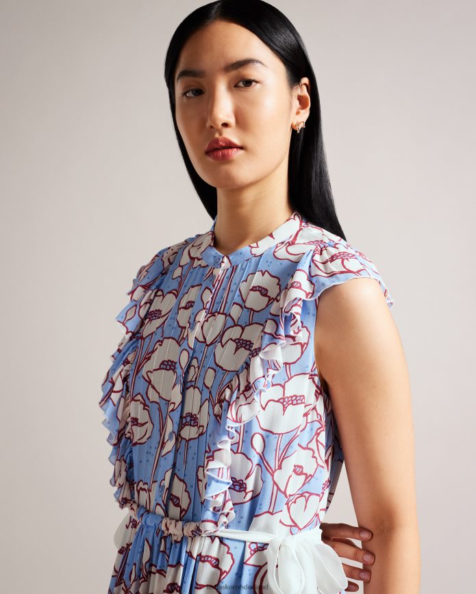 Ted Baker tindraa mouwloze midi-jurk met ruches blauw kleding vrouwen 6R02N285