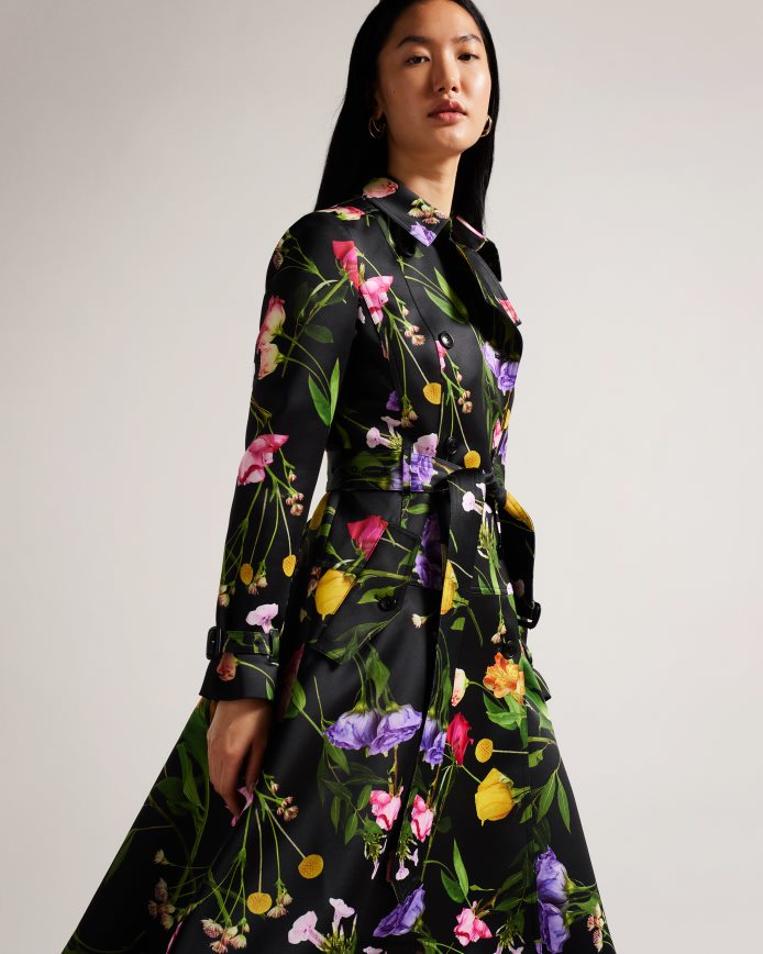 Ted Baker Moiraa trenchcoat met dubbele rij knopen en bloemen zwart kleding vrouwen 6R02N358