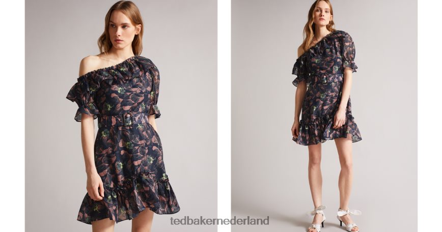 Ted Baker hazpin asymmetrische mini-jurk met koude schouder en ruches marine kleding vrouwen 6R02N536