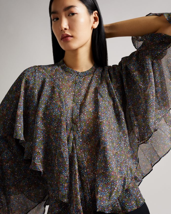 Ted Baker pinku blouse met retro overstromingsprint en ruches zwart kleding vrouwen 6R02N579