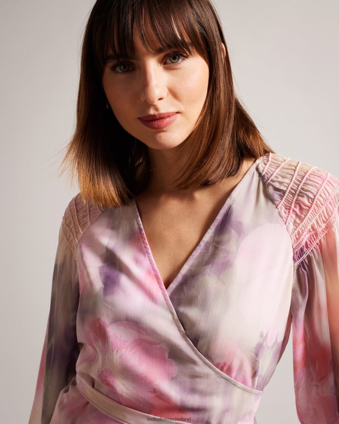 Ted Baker emiliah wikkelblouse met gesmokte schouders koraal kleding vrouwen 6R02N379