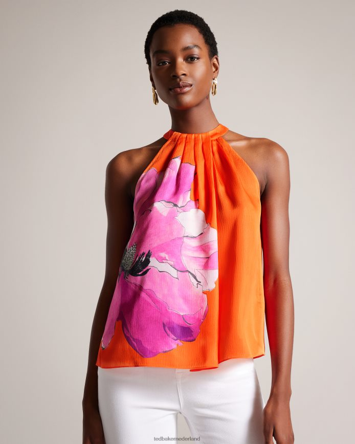 Ted Baker Milenaa geplooide top met halterhals en bloemenprint fel oranje kleding vrouwen 6R02N5