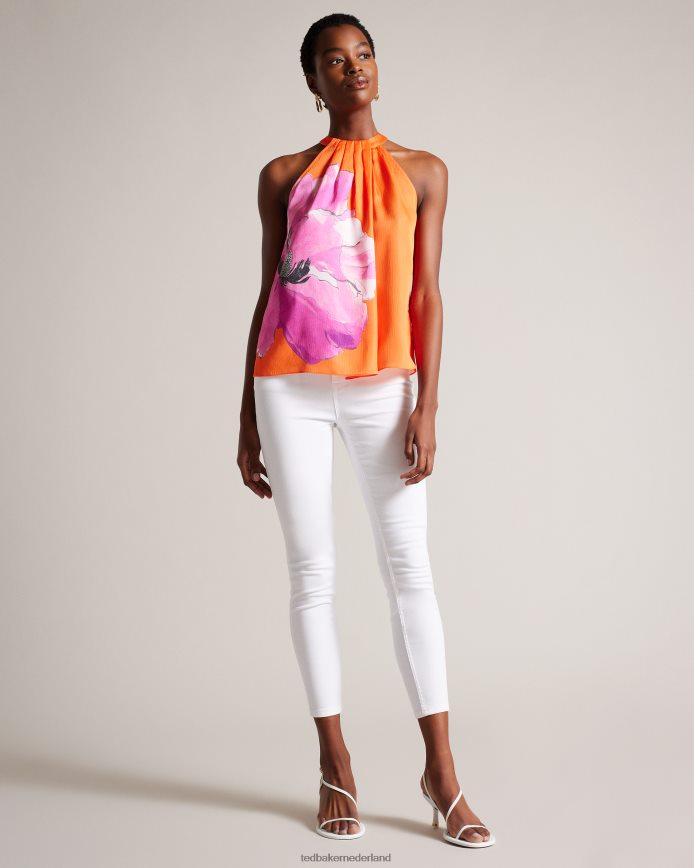 Ted Baker Milenaa geplooide top met halterhals en bloemenprint fel oranje kleding vrouwen 6R02N5