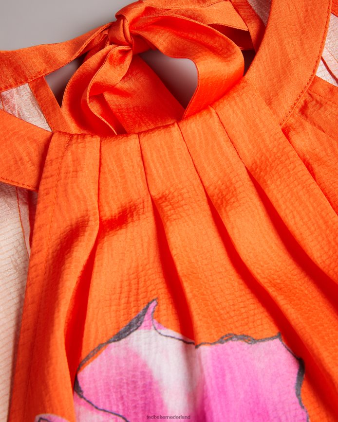 Ted Baker Milenaa geplooide top met halterhals en bloemenprint fel oranje kleding vrouwen 6R02N5