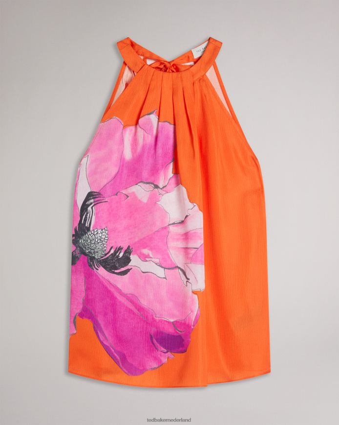 Ted Baker Milenaa geplooide top met halterhals en bloemenprint fel oranje kleding vrouwen 6R02N5