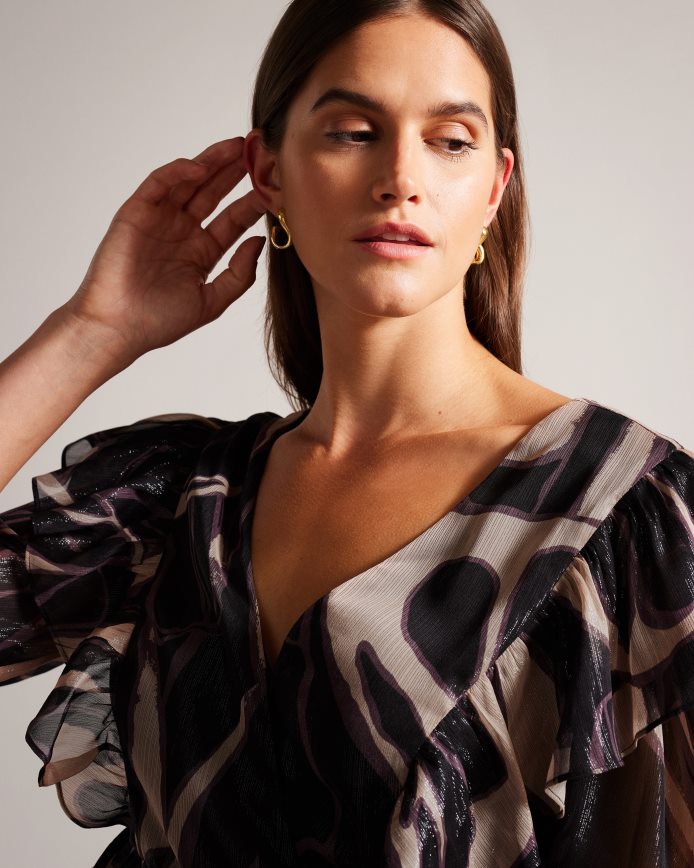 Ted Baker jasmyna top met ruches, v-hals en gestrikte taille zwart kleding vrouwen 6R02N48