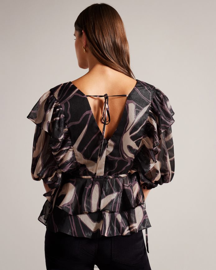 Ted Baker jasmyna top met ruches, v-hals en gestrikte taille zwart kleding vrouwen 6R02N48