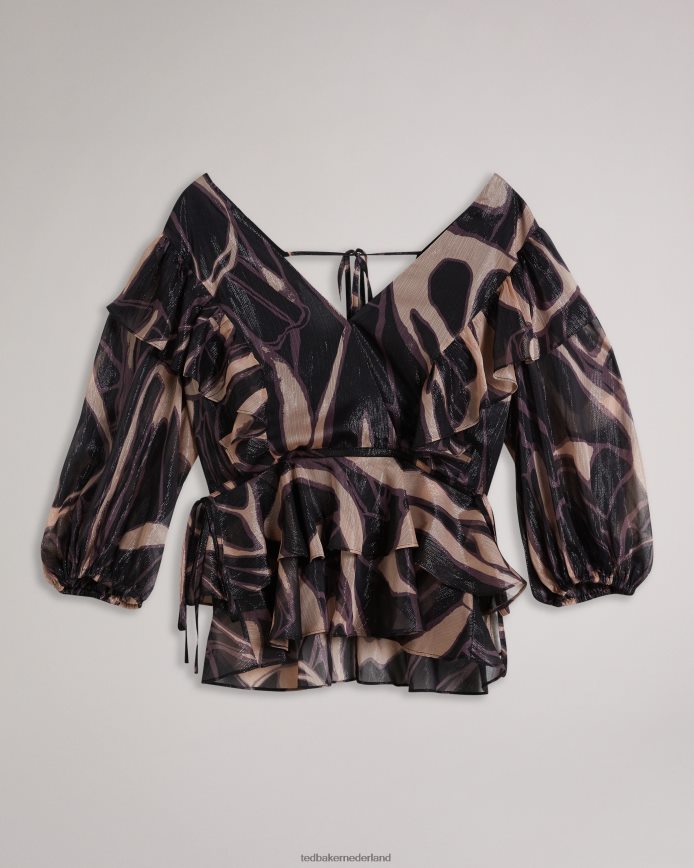 Ted Baker jasmyna top met ruches, v-hals en gestrikte taille zwart kleding vrouwen 6R02N48