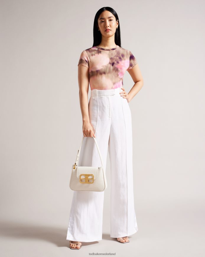 Ted Baker Yazmean getailleerd T-shirt met bloemen en gedraaide hals koraal kleding vrouwen 6R02N263