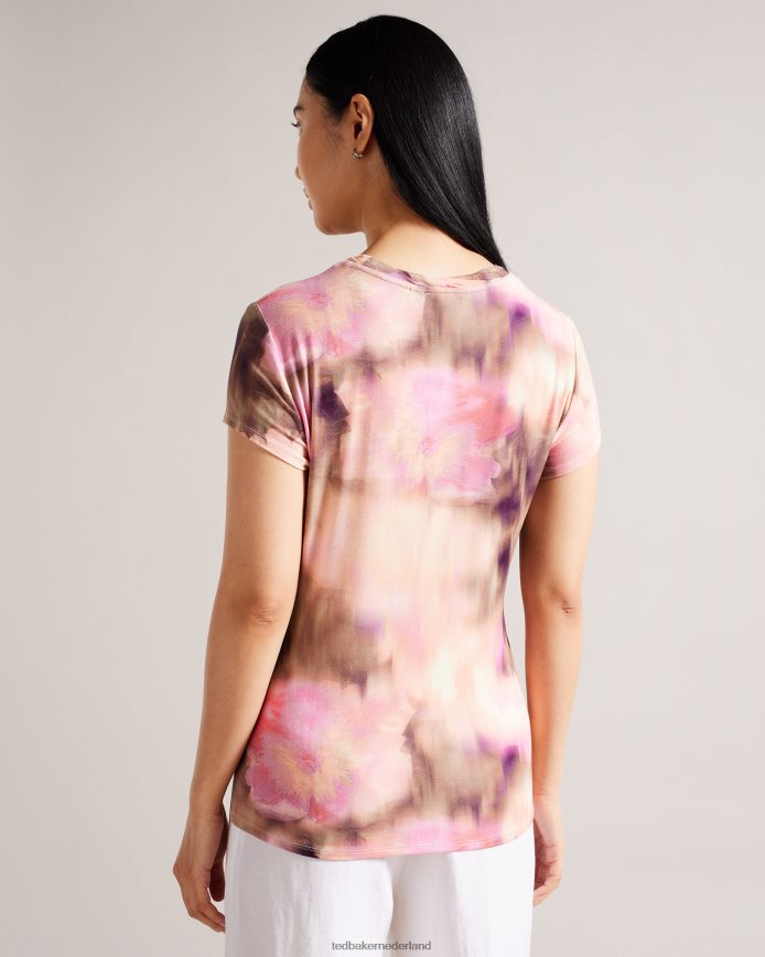Ted Baker Yazmean getailleerd T-shirt met bloemen en gedraaide hals koraal kleding vrouwen 6R02N263