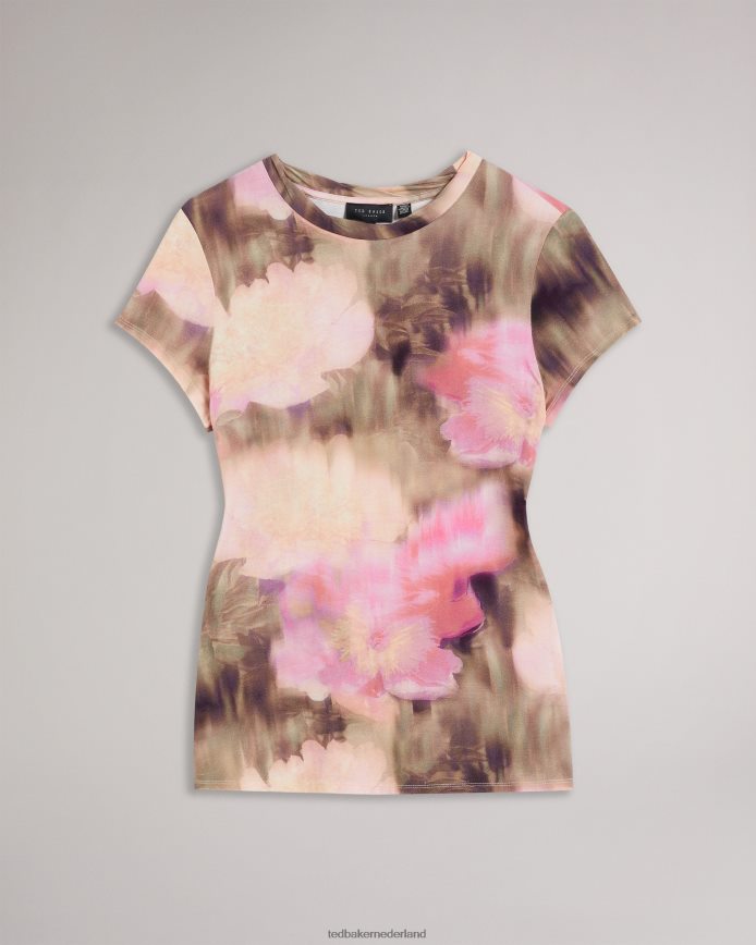 Ted Baker Yazmean getailleerd T-shirt met bloemen en gedraaide hals koraal kleding vrouwen 6R02N263